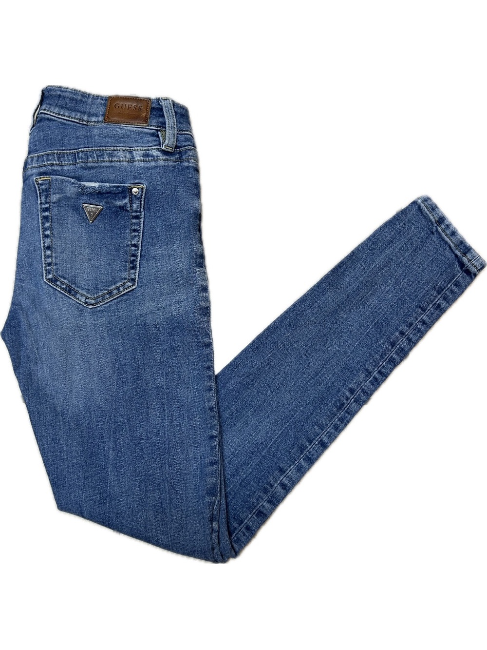 Y2K GUESS Women's Power Curvy Skinny Jeans with Leather Logo Patch & Silver Logo